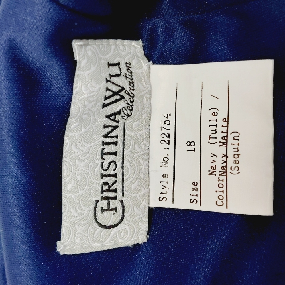 NEW Christina Wu Navy Blue Tulle & Sequin V Neck Bridesmaid Maxi Dress Z40 - Picture 7 of 10